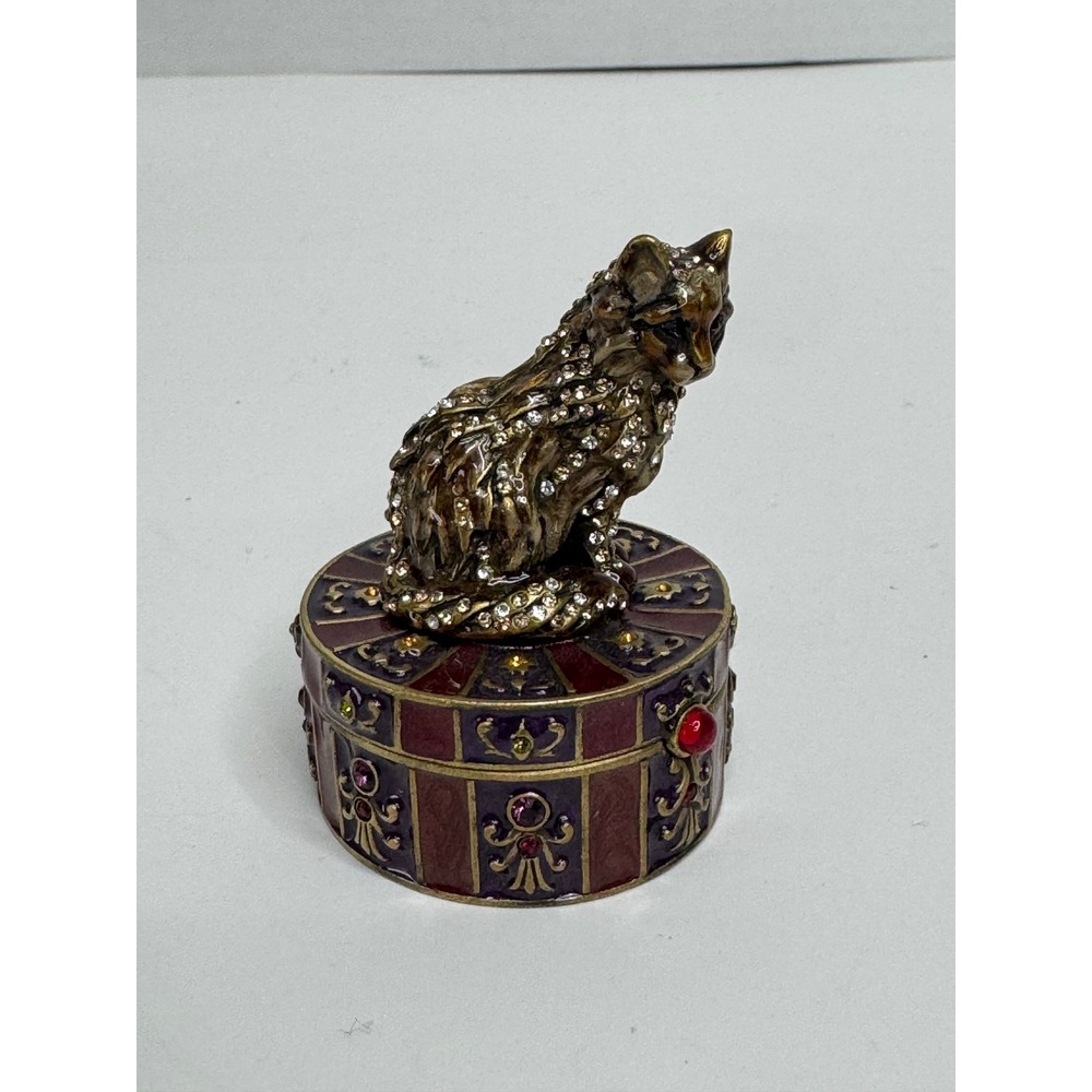 Jay Strongwater Jeweled Cat Trinket Box Purple Enamel Swarovski Crystals Bronze
